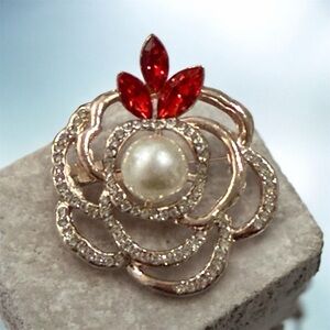 Gold and Red Floral Brooch